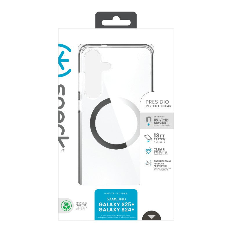 Speck Presidio Perfect-Clear Magnet - Samsung Galaxy S25+ / S24+ MagSafe dėklas (Skaidrus / Chromo apdaila / Serene Silver)