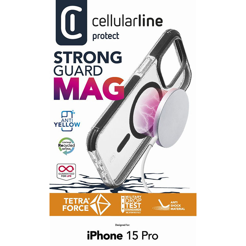Cellularline Tetra Force Strong Guard Mag – iPhone 15 Pro MagSafe dėklas su MICROBAN danga (skaidrus)