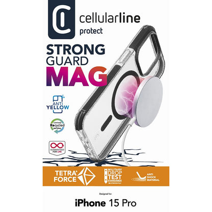 Cellularline Tetra Force Strong Guard Mag – iPhone 15 Pro MagSafe dėklas su MICROBAN danga (skaidrus)
