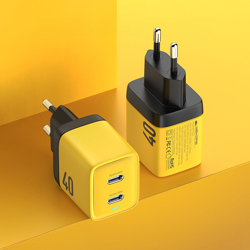 WEKOME WP-U128 – 2x USB-C „Super Fast Charge GaN“ 40W tinklo įkroviklis (geltonas)