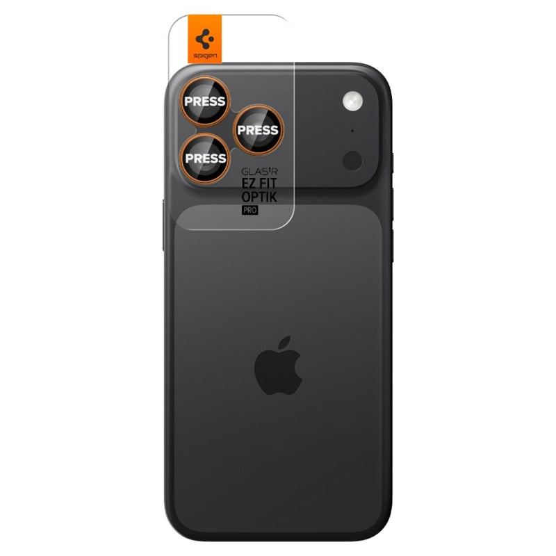 Spigen Optik Pro GLAS.TR EZ Fit Kameros apsauga 2 vnt. - Stiklinė objektyvo apsauga, skirta iPhone 16 Pro / 16 Pro Max / 17 Pro / 17 Pro Max (2 vnt.) (Oranžinė)