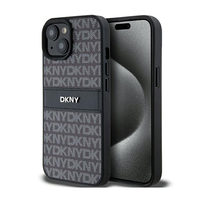 DKNY Leather Mono Stripe & Metal Logo - dėklas iPhone 15 / 14 / 13 (juodas)