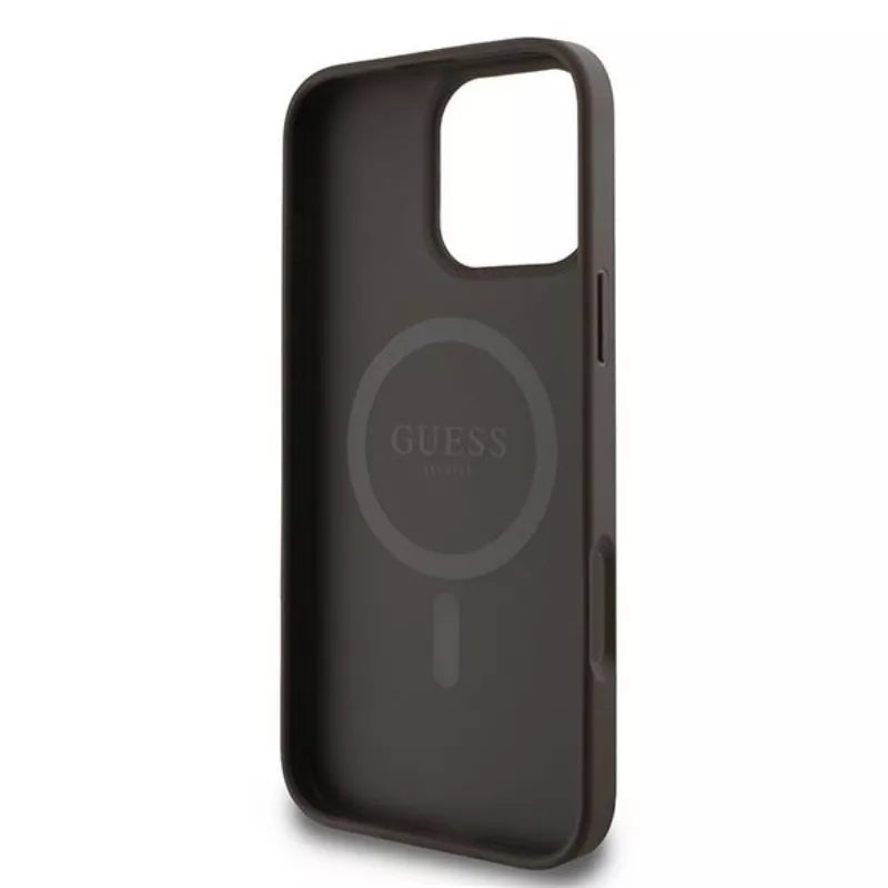 Guess 4G žiedas klasikinis logotipas MagSafe – dėklas skirtas iPhone 16 Pro (rudas)