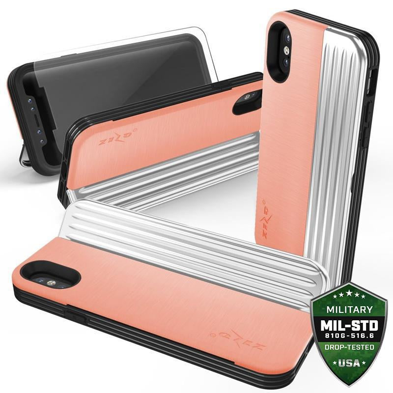 Zizo Retro serija – piniginės nugarėlė su magnetiniu užsegimu ir integruotu stovu, skirta iPhone Xs / X (persikų/sidabro spalvos)