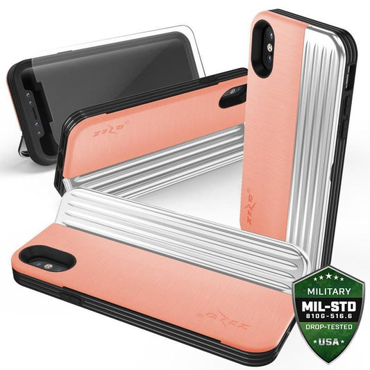 Zizo Retro serija – piniginės nugarėlė su magnetiniu užsegimu ir integruotu stovu, skirta iPhone Xs / X (persikų/sidabro spalvos)