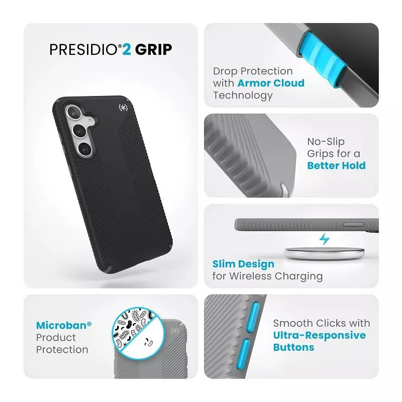 Speck Presidio2 Grip – Dėklas, skirtas Samsung Galaxy S24+ (Juoda/Skalūno pilka/Balta)