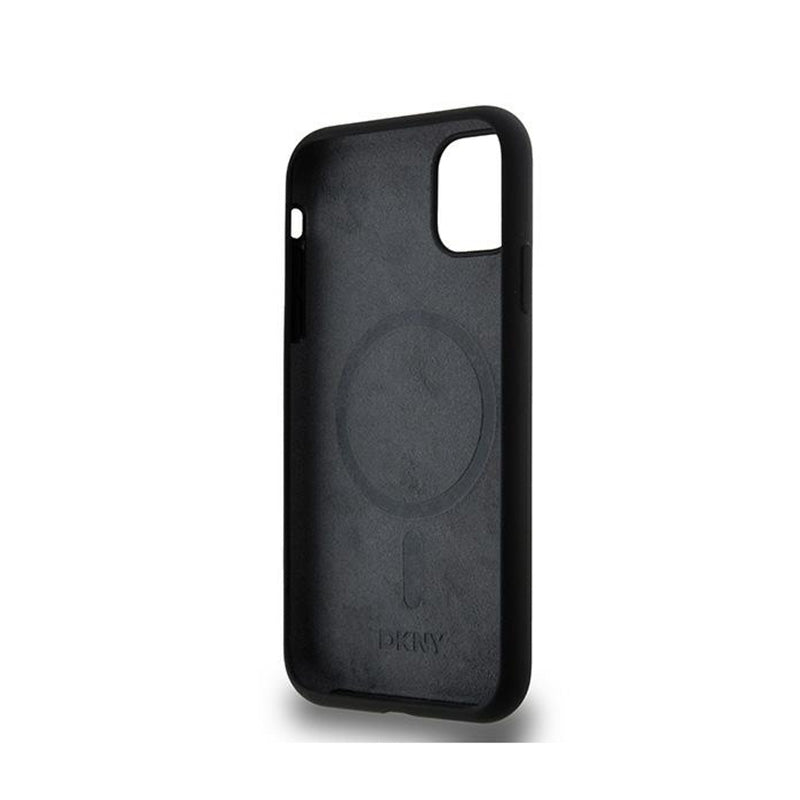 DKNY Skysto silikono dėklas su baltu logotipu, MagSafe, skirtas iPhone 11 (juodas)