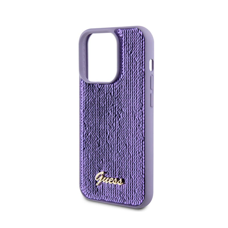 Guess Sequin Script Metal – dėklas, skirtas iPhone 15 Pro (violetinis)