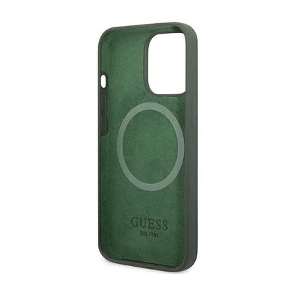 Guess Silicone Logo Plate MagSafe – dėklas skirtas iPhone 13 Pro (Žalias)