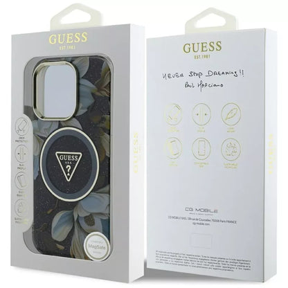 Guess Glitter Flowers Triangle Buttons MagSafe - Dėklas, skirtas iPhone 16 Pro Max (juodas)