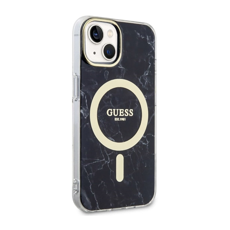 Guess Marble MagSafe – dėklas „iPhone 14“ (juodas)