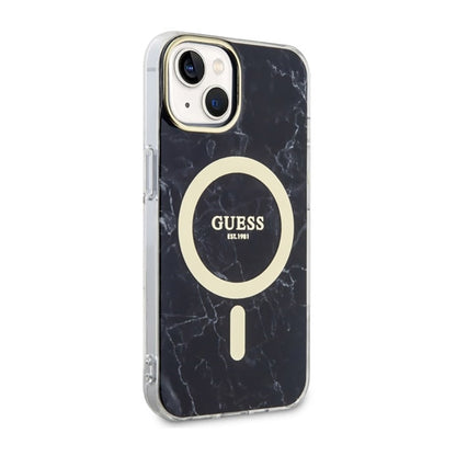 Guess Marble MagSafe – dėklas „iPhone 14“ (juodas)