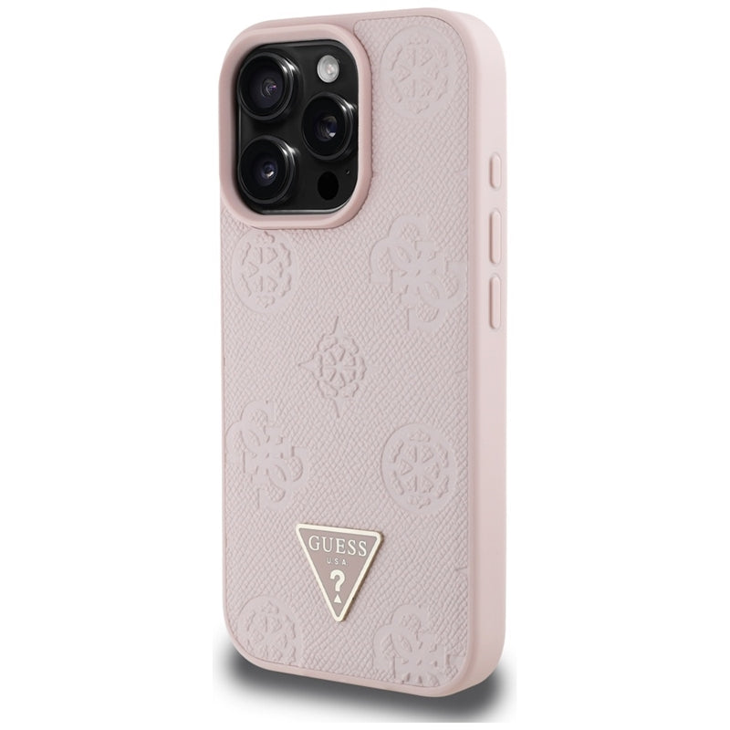 Guess Grained Hot Stamp Peony Triangle Logo MagSafe – dėklas, skirtas iPhone 16 Pro (rožinis)
