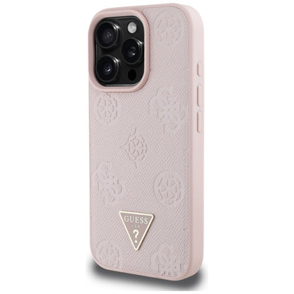 Guess Grained Hot Stamp Peony Triangle Logo MagSafe – dėklas, skirtas iPhone 16 Pro (rožinis)