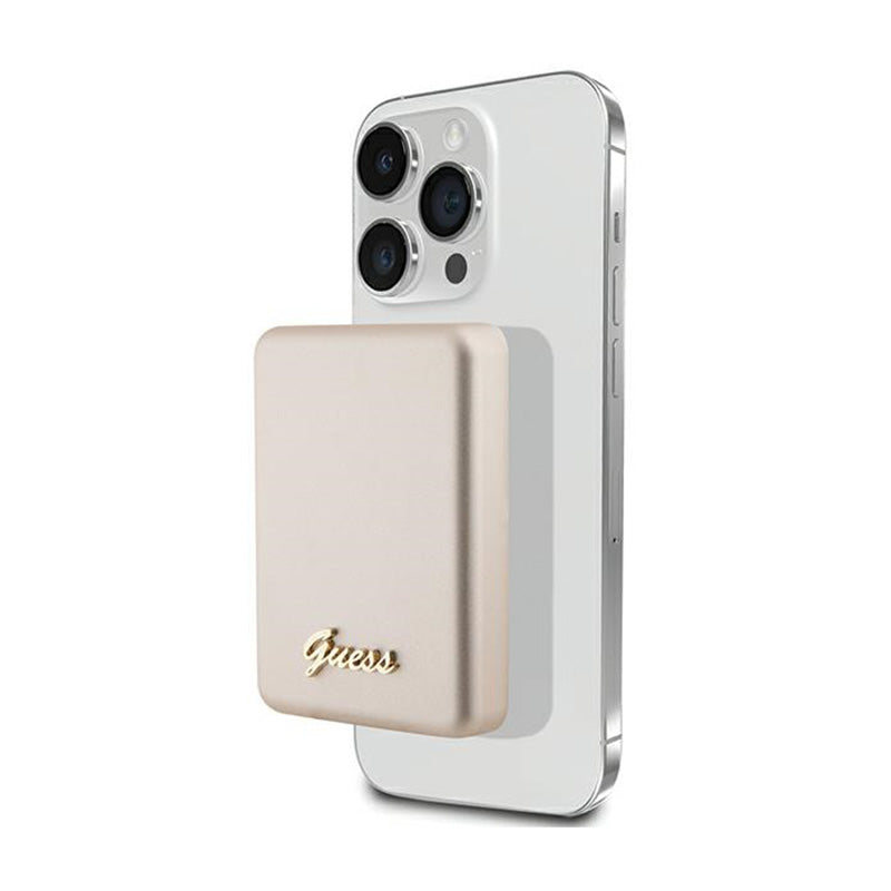Guess Metal Script Logo MagSafe – indukcinis 5000 mAh 15W MagSafe maitinimo bankas (auksinis)