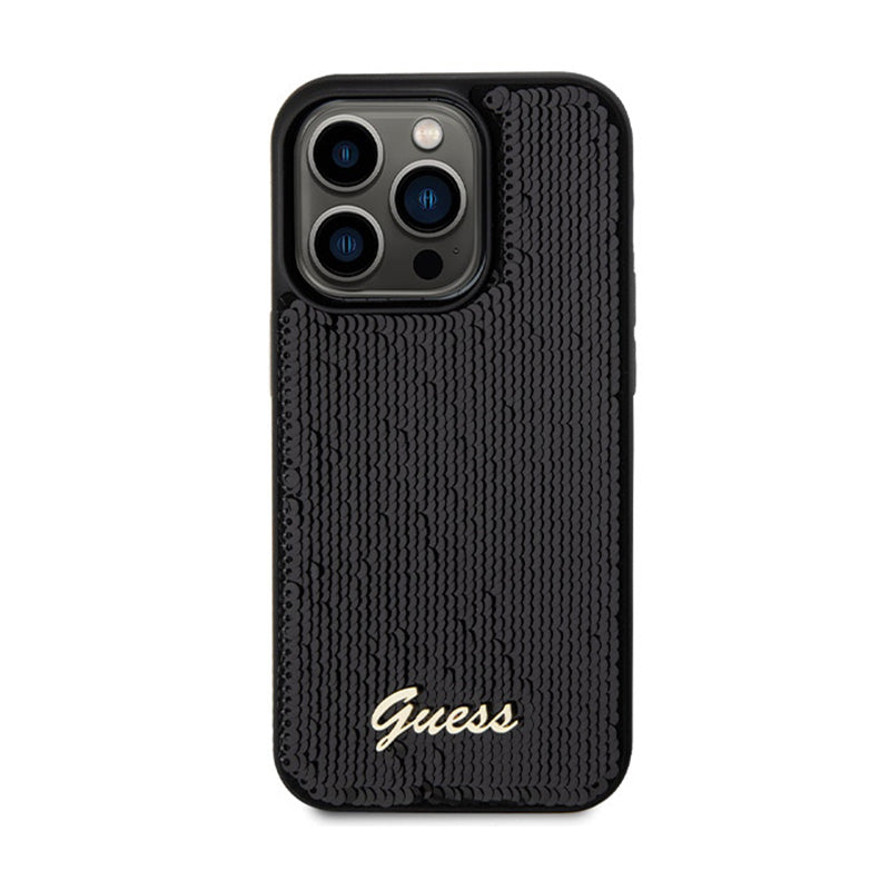 Guess Sequin Script Metal - dėklas, skirtas „iPhone 13 Pro“ (juodas)