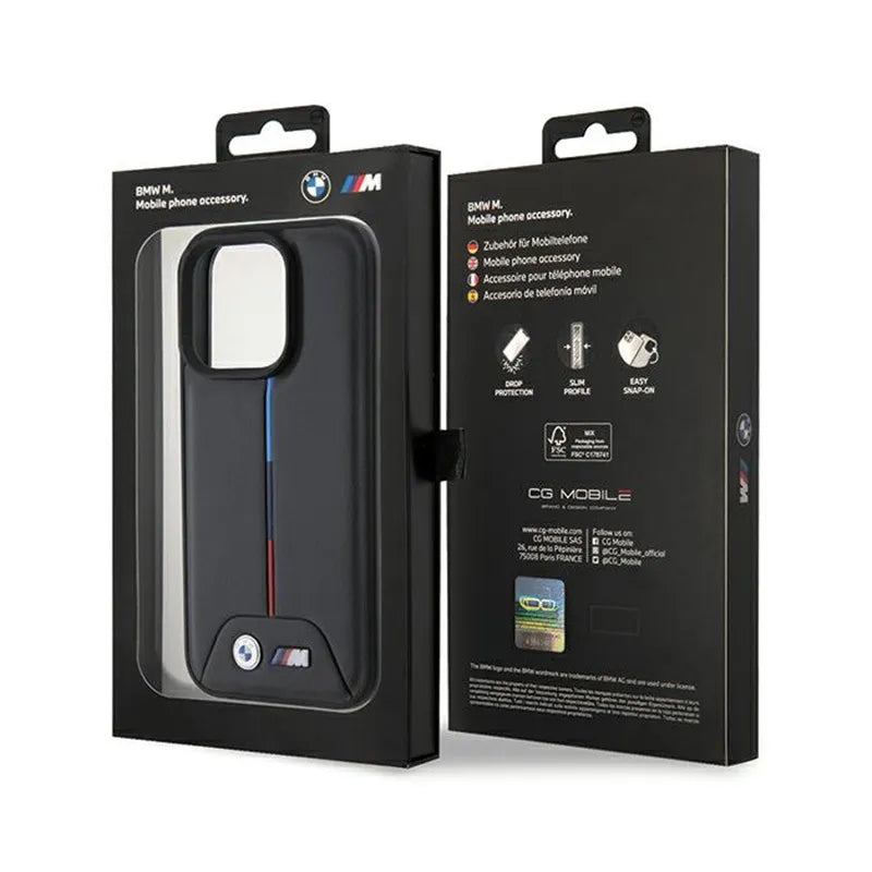 BMW Dygsniuotas Trikolor – dėklas iPhone 15 Pro (juodas)