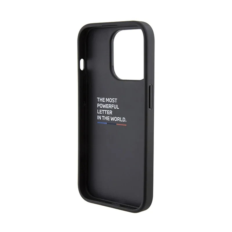 BMW Dygsniuotas Trikolor – dėklas iPhone 15 Pro (juodas)