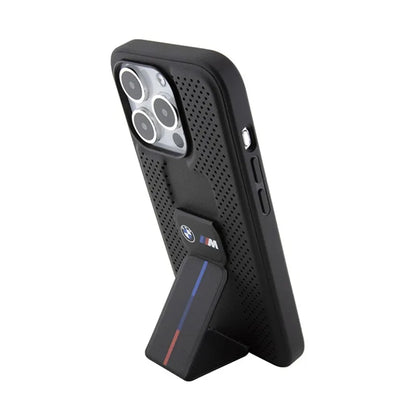 BMW Grip Stand Lygus ir perforuotas – dėklas, skirtas iPhone 15 Pro (juodas)