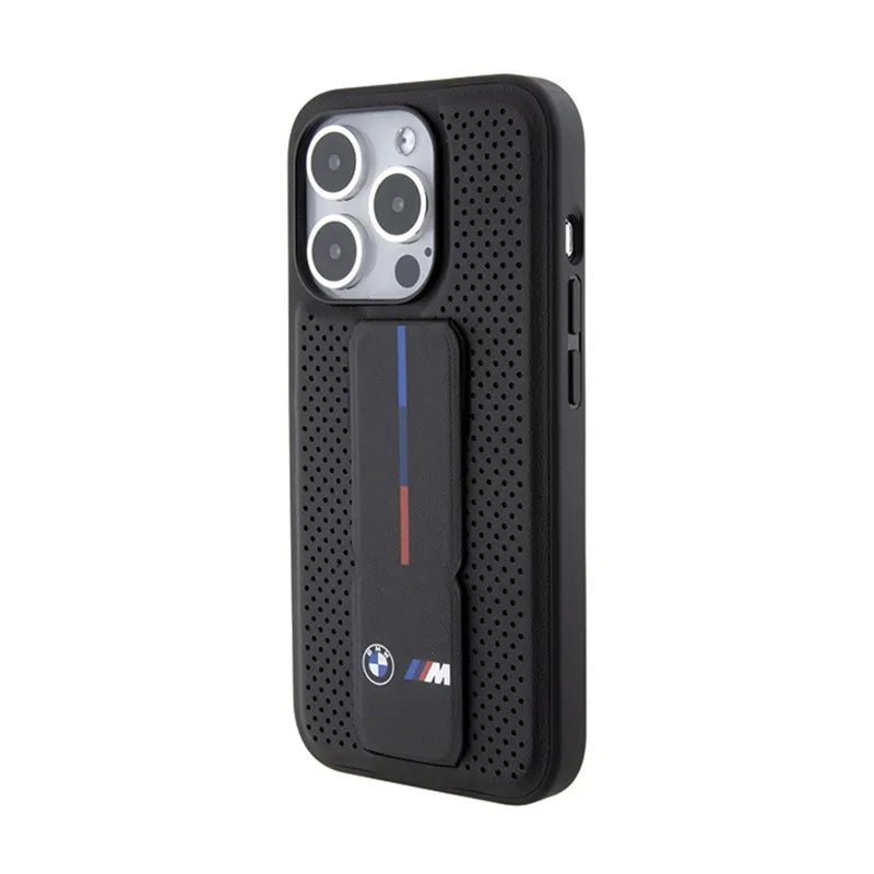 BMW Grip Stand Lygus ir perforuotas – dėklas, skirtas iPhone 15 Pro (juodas)