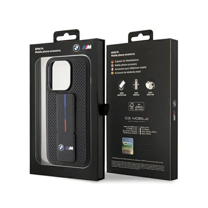 BMW Grip Stand Lygus ir perforuotas – dėklas, skirtas iPhone 15 Pro (juodas)