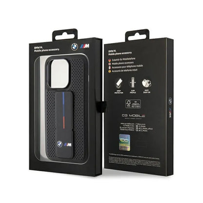 BMW Grip Stand Lygus ir perforuotas – dėklas, skirtas iPhone 15 Pro (juodas)