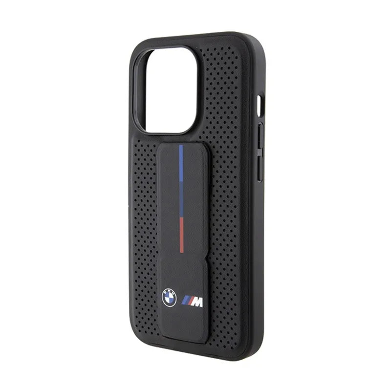BMW Grip Stand Lygus ir perforuotas – dėklas, skirtas iPhone 15 Pro (juodas)