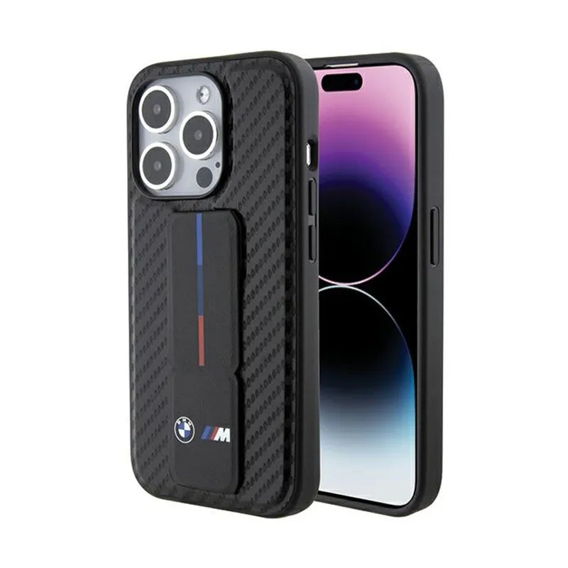 BMW Grip Stand Smooth & Carbon – dėklas iPhone 15 Pro (juodas)