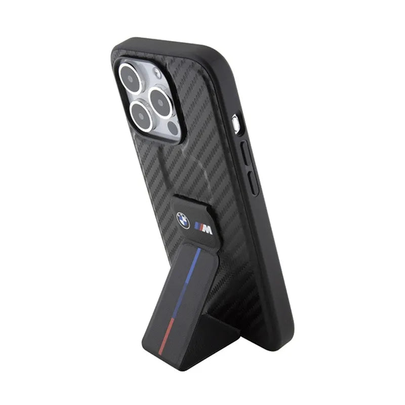 BMW Grip Stand Smooth & Carbon – dėklas iPhone 15 Pro (juodas)