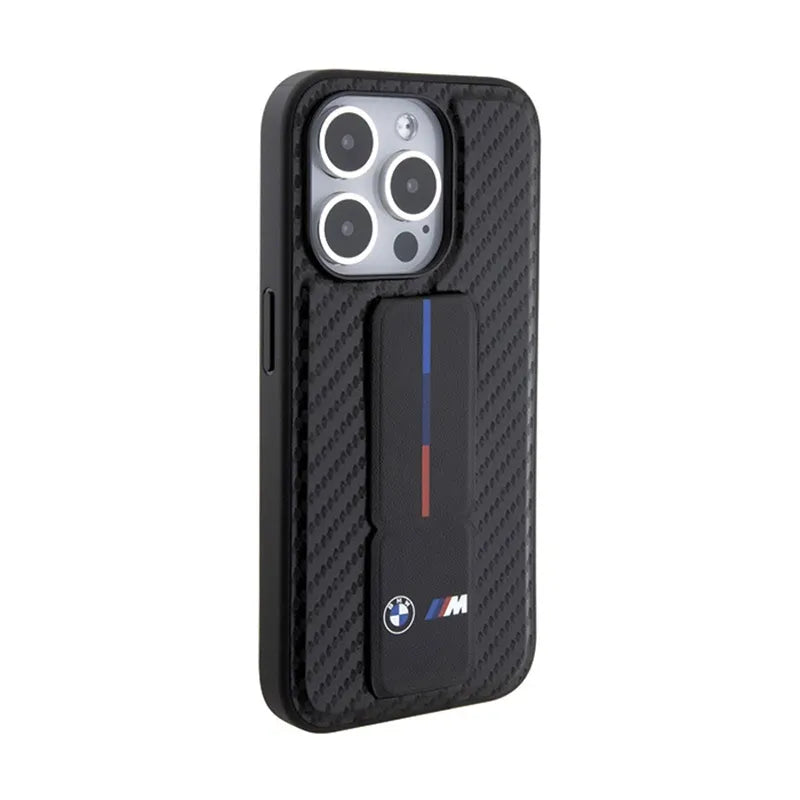 BMW Grip Stand Smooth & Carbon – dėklas iPhone 15 Pro (juodas)