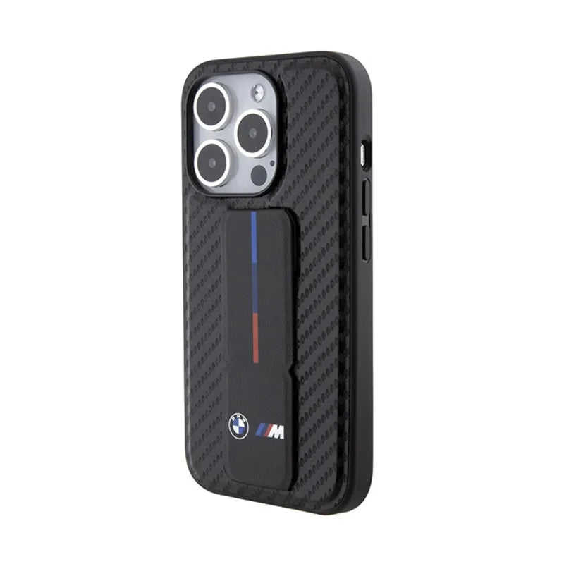 BMW Grip Stand Smooth & Carbon – dėklas iPhone 15 Pro (juodas)