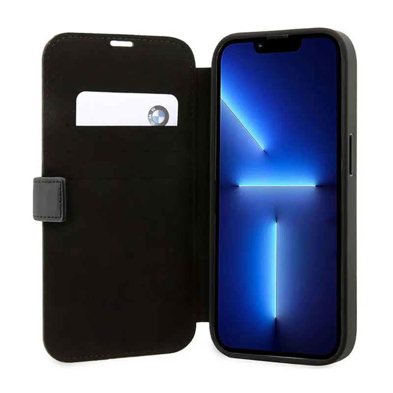 BMW knygelės tipo odinis dėklas su mėlynomis juostomis – dėklas skirtas iPhone 14 Pro (juodas)