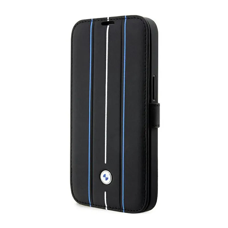 BMW knygelės tipo odinis dėklas su mėlynomis juostomis – dėklas skirtas iPhone 14 Pro (juodas)
