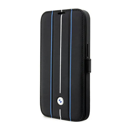 BMW knygelės tipo odinis dėklas su mėlynomis juostomis – dėklas skirtas iPhone 14 Pro (juodas)
