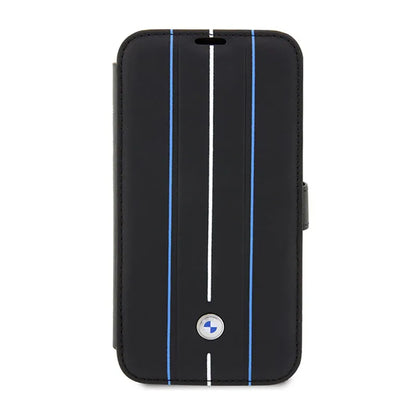 BMW knygelės tipo odinis dėklas su mėlynomis juostomis – dėklas skirtas iPhone 14 Pro (juodas)