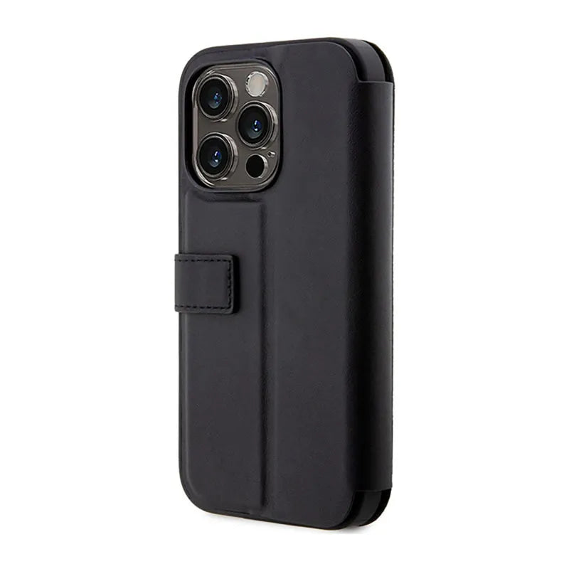 BMW knygelės tipo odinis dėklas su mėlynomis juostomis – dėklas skirtas iPhone 14 Pro (juodas)