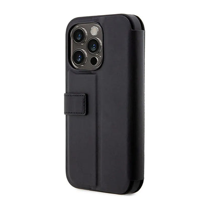 BMW knygelės tipo odinis dėklas su mėlynomis juostomis – dėklas skirtas iPhone 14 Pro (juodas)