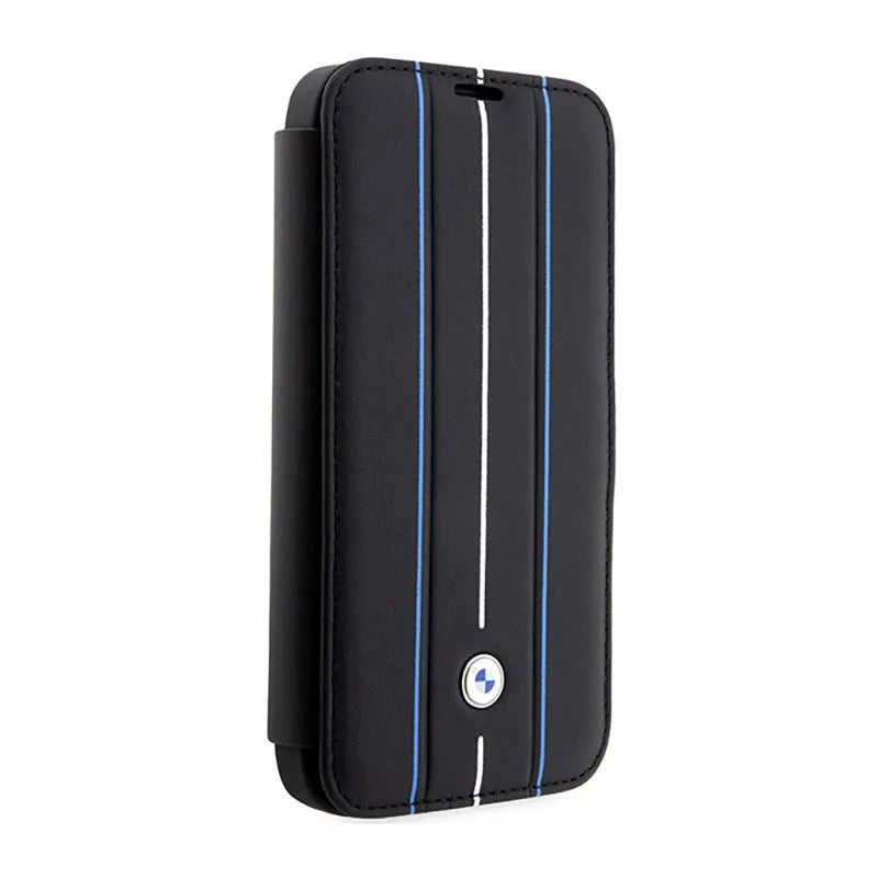BMW knygelės tipo odinis dėklas su mėlynomis juostomis – dėklas skirtas iPhone 14 Pro (juodas)
