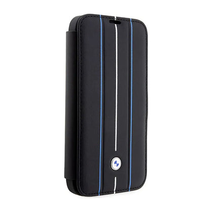 BMW knygelės tipo odinis dėklas su mėlynomis juostomis – dėklas skirtas iPhone 14 Pro (juodas)