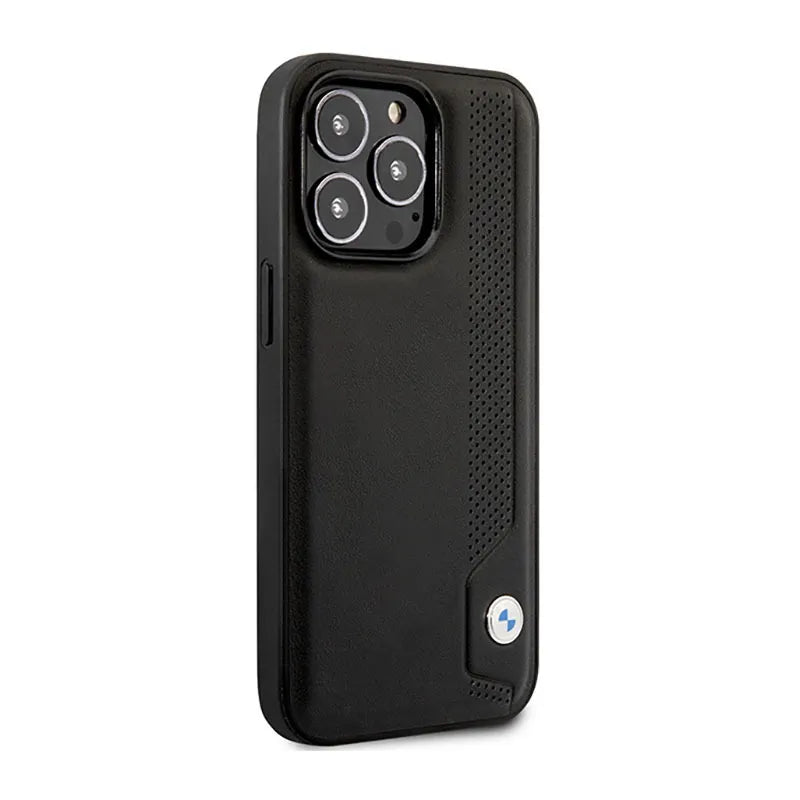 BMW Leather Blue Dots – dėklas, skirtas „iPhone 14 Pro“ (juodos spalvos)