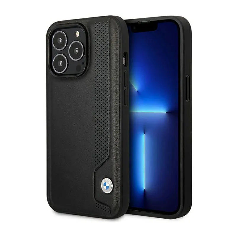 BMW Leather Blue Dots – dėklas, skirtas „iPhone 14 Pro“ (juodos spalvos)