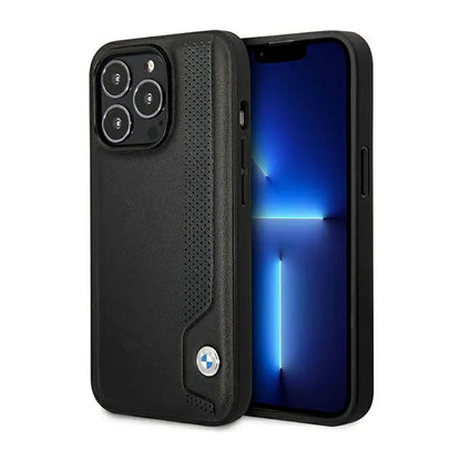 BMW Leather Blue Dots – dėklas, skirtas „iPhone 14 Pro“ (juodos spalvos)
