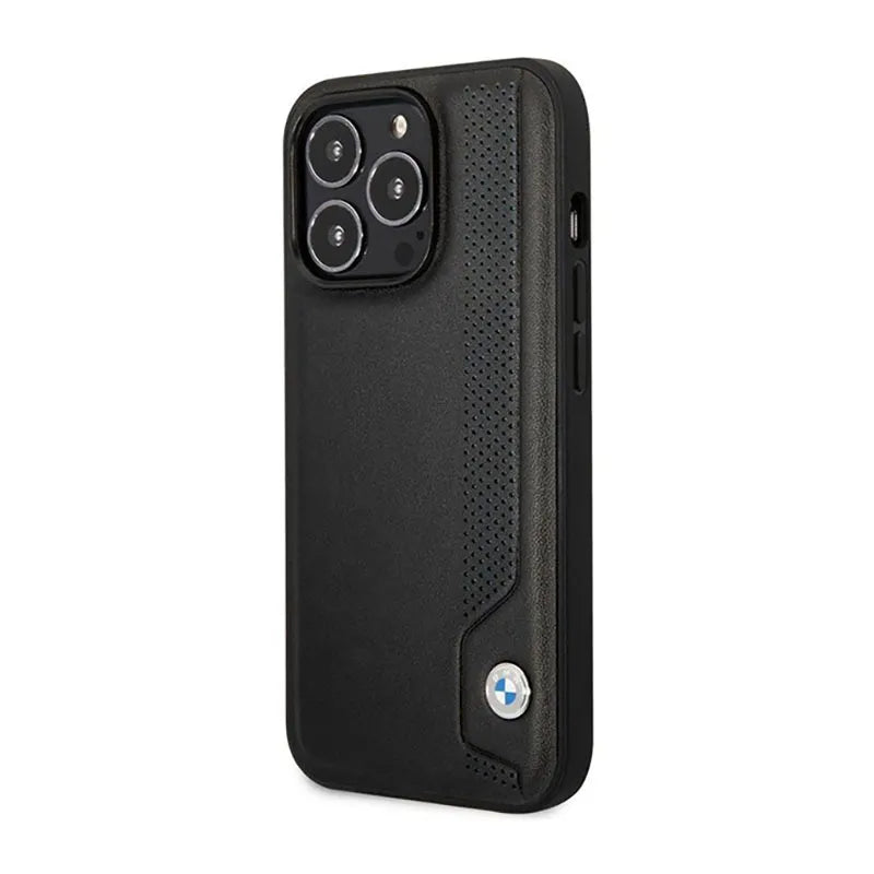 BMW Leather Blue Dots – dėklas, skirtas „iPhone 14 Pro“ (juodos spalvos)