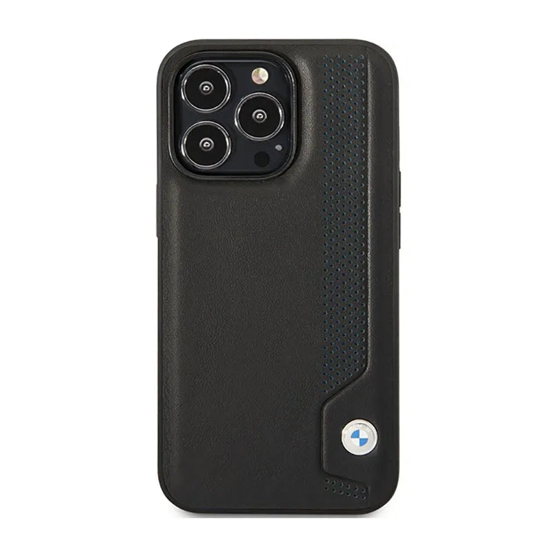 BMW Leather Blue Dots – dėklas, skirtas iPhone 14 Pro Max (juodas)