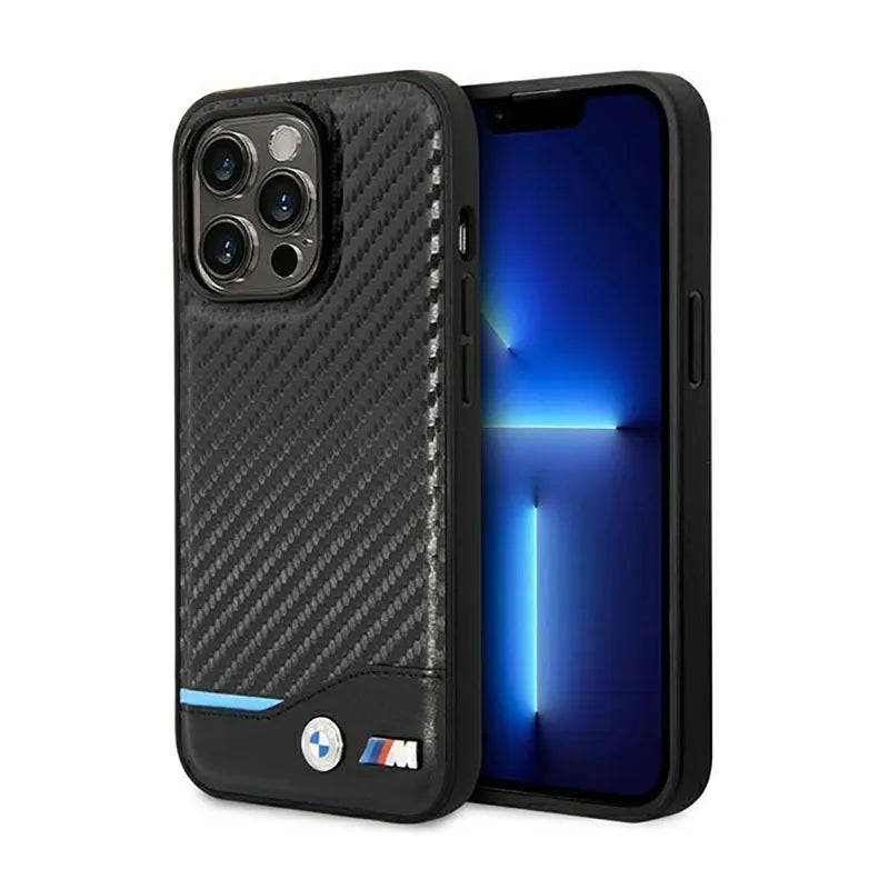 BMW Leather Carbon Blue Line - dėklas skirtas iPhone 14 Pro (juodas)