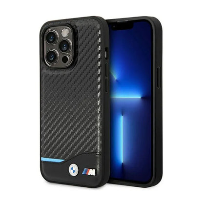 BMW Leather Carbon Blue Line - dėklas skirtas iPhone 14 Pro (juodas)
