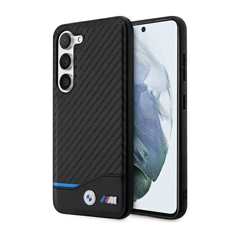 BMW Leather Carbon Blue Line – Dėklas, skirtas Samsung Galaxy S23+ (juodas)