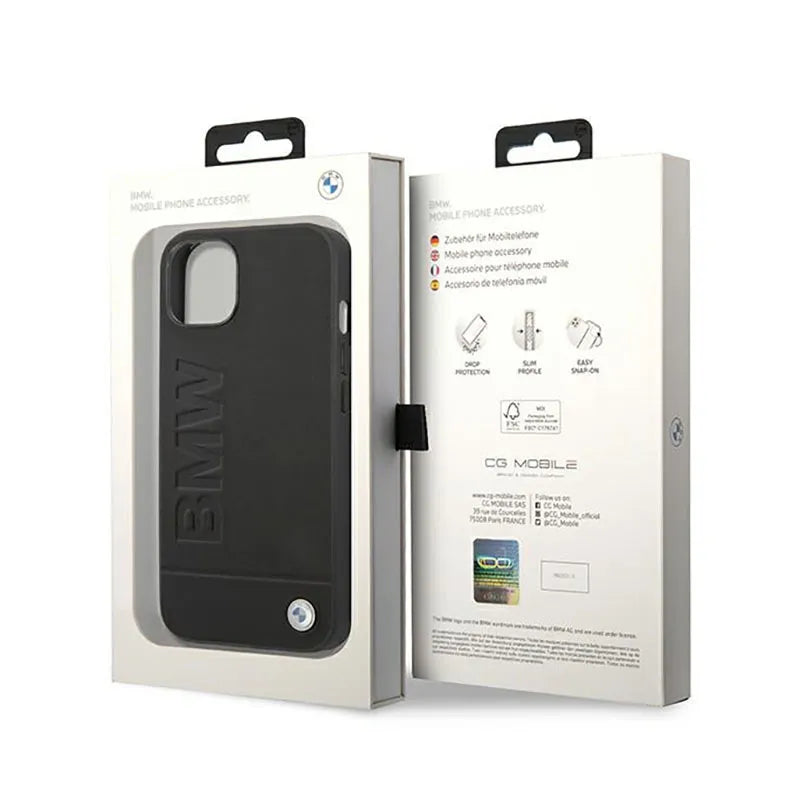 BMW Leather Hot Stamp – dėklas iPhone 14 Plus (juodas)