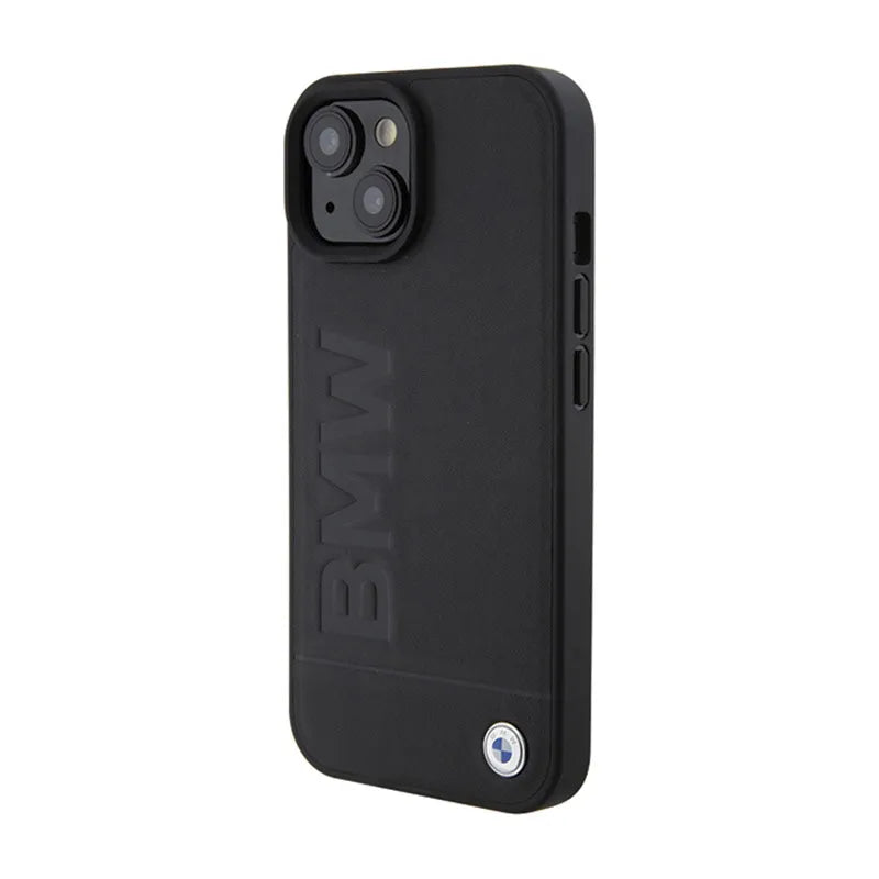 BMW Leather Hot Stamp – dėklas skirtas iPhone 15 (juodos spalvos)