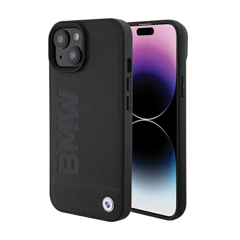 BMW Leather Hot Stamp – dėklas skirtas iPhone 15 (juodos spalvos)